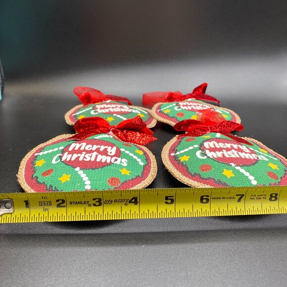 Holiday Time "Merry Christmas" Red Green Burlap Ornaments Set of 4 - Picture 11 of 12